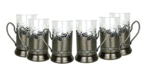 combination 6 russian cut crystal drinking tea glasses w/metal glass holders “podstakannik” for hot or cold liquids