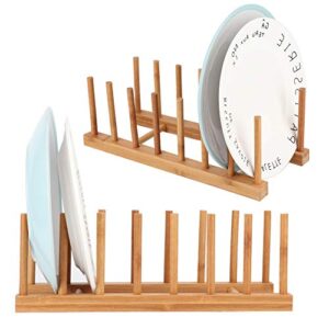 2pcs bamboo wooden dish rack, plate rack stand pot lid holder w/holds 14 plates, kitchen dish plate storage cabinet organizer drainer w/ 7 slots for cup, cutting board, bowl, drying rack and more