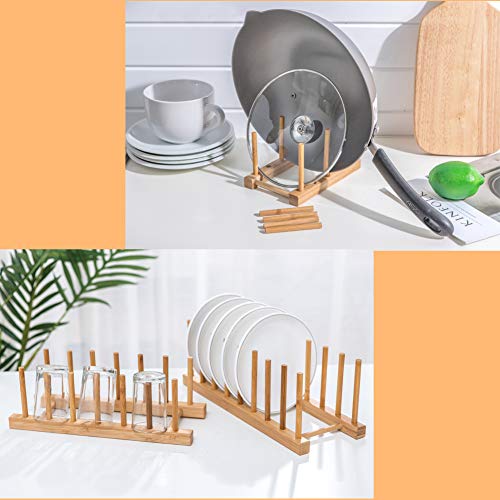 2PCS Bamboo Wooden Dish Rack, Plate Rack Stand Pot Lid Holder w/Holds 14 Plates, Kitchen Dish Plate Storage Cabinet Organizer Drainer w/ 7 Slots for Cup, Cutting Board, Bowl, Drying Rack and More