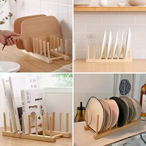 2PCS Bamboo Wooden Dish Rack, Plate Rack Stand Pot Lid Holder w/Holds 14 Plates, Kitchen Dish Plate Storage Cabinet Organizer Drainer w/ 7 Slots for Cup, Cutting Board, Bowl, Drying Rack and More