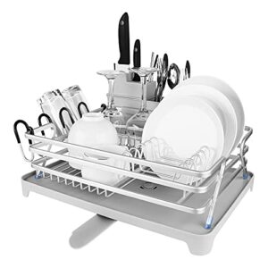 linkidea aluminum dish drying rack, 16.9″ x 12.6″ compact rustproof dish rack and drainboard set, dish drainer strainers with adjustable drainage and removable cutlery and cup holder fit kitchen