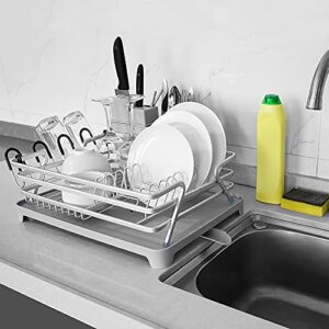 Linkidea Aluminum Dish Drying Rack, 16.9" x 12.6" Compact Rustproof Dish Rack and Drainboard Set, Dish Drainer Strainers with Adjustable Drainage and Removable Cutlery and Cup Holder Fit Kitchen
