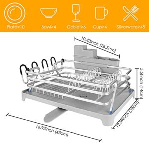 Linkidea Aluminum Dish Drying Rack, 16.9" x 12.6" Compact Rustproof Dish Rack and Drainboard Set, Dish Drainer Strainers with Adjustable Drainage and Removable Cutlery and Cup Holder Fit Kitchen