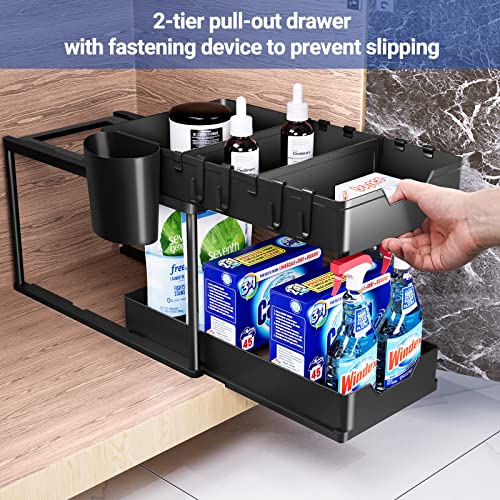 Puricon 2 Pack Under Sink Organizers and Storage 2-Tier Double Sliding Pull-out Drawer Bundle with 2 Pack Food Storage Bins, Stackable Organizer for Pantry Kitchen Fridge Clear Plastic Organizers