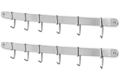 eForwish Stainless Steel Kitchen Utensil Racks Holder Hanging Rail Organize Pots Pans Kitchen Knife Gadgets On Wall Mounted Hanger Bar Rail Under Cabinet Shelf (6 Hook,17") Pack of 2