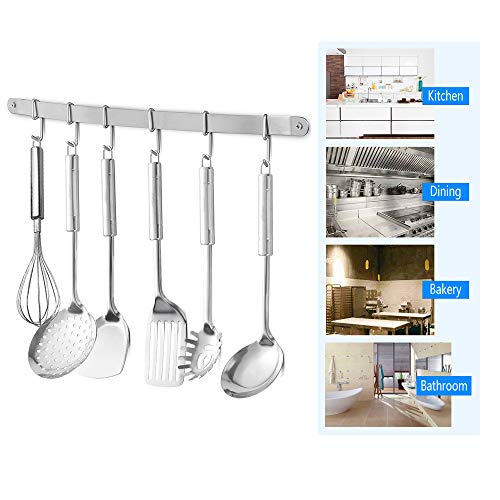 eForwish Stainless Steel Kitchen Utensil Racks Holder Hanging Rail Organize Pots Pans Kitchen Knife Gadgets On Wall Mounted Hanger Bar Rail Under Cabinet Shelf (6 Hook,17") Pack of 2