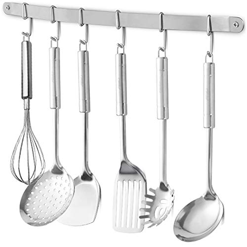 eForwish Stainless Steel Kitchen Utensil Racks Holder Hanging Rail Organize Pots Pans Kitchen Knife Gadgets On Wall Mounted Hanger Bar Rail Under Cabinet Shelf (6 Hook,17") Pack of 2