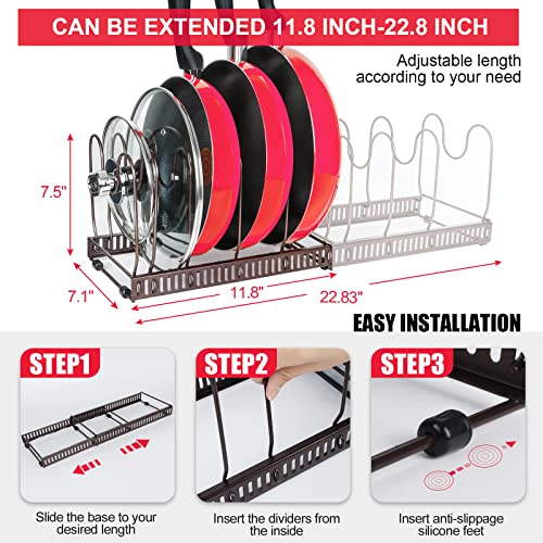 Expandable Pots and Pans Organizers Rack，Pot Cover Rack Grill Pan Rack Sticky Board For Cabinets，Pans Pot Lid Organizer Rack Holder with 7 Adjustable Compartments (7D-bronze)