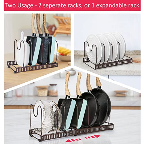 Expandable Pots and Pans Organizers Rack，Pot Cover Rack Grill Pan Rack Sticky Board For Cabinets，Pans Pot Lid Organizer Rack Holder with 7 Adjustable Compartments (7D-bronze)