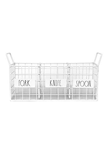 Rae Dunn 3 Section Utensil Holder – Metal Wire Basket Organizer for Silverware and Kitchen Accessories - Storage Spoon, Knife, Fork - Rustic, Schoolhouse, Farmhouse, Vintage Home Décor