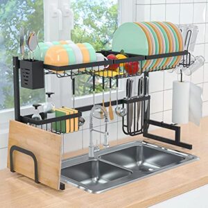 beacron over the sink dish drying rack, width adjustable(33.46”-41.33”) 2 tier stainless steel dish drying rack, large capacity dish rack for counter kitchen storage organizer and space saver