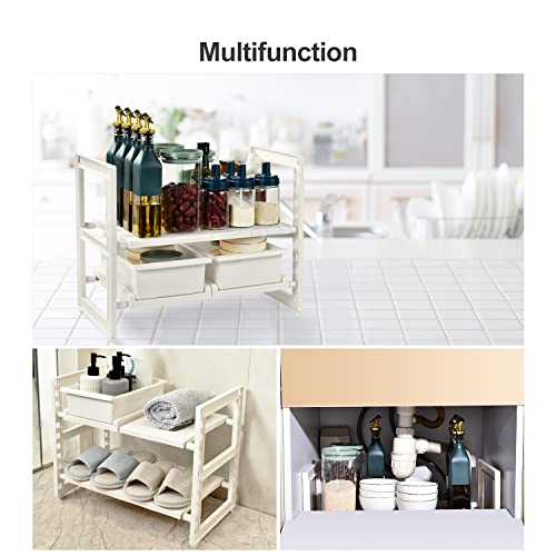aceyoon Under Sink Organizer and Storage, 2 Tier Expandable Kitchen Under Sink Shelf With 2 Pull Out Drawers and 6 Removable Panels, Adjustable Under Sink Cabinet Rack for Bathroom/Balcony/Cloakroom