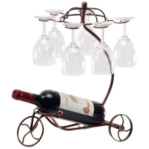 mygift vintage bronze metal tabletop wine bottle holder and wine glass rack with perisian tricycle design, holds single bottle and 6 stemware