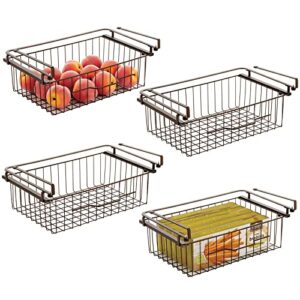 mdesign large metal wire hanging pullout drawer basket – sliding under shelf storage organizer – attaches to shelving – easy install – 4 pack – bronze