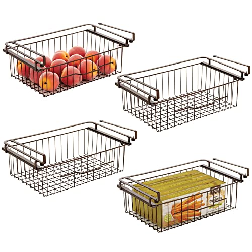 mDesign Large Metal Wire Hanging Pullout Drawer Basket - Sliding Under Shelf Storage Organizer - Attaches to Shelving - Easy Install - 4 Pack - Bronze