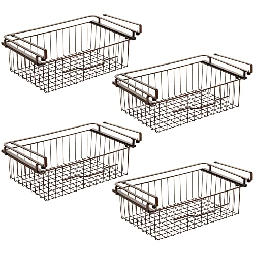 mDesign Large Metal Wire Hanging Pullout Drawer Basket - Sliding Under Shelf Storage Organizer - Attaches to Shelving - Easy Install - 4 Pack - Bronze