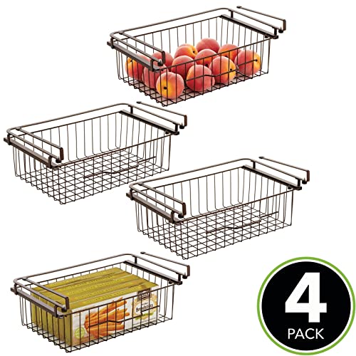 mDesign Large Metal Wire Hanging Pullout Drawer Basket - Sliding Under Shelf Storage Organizer - Attaches to Shelving - Easy Install - 4 Pack - Bronze