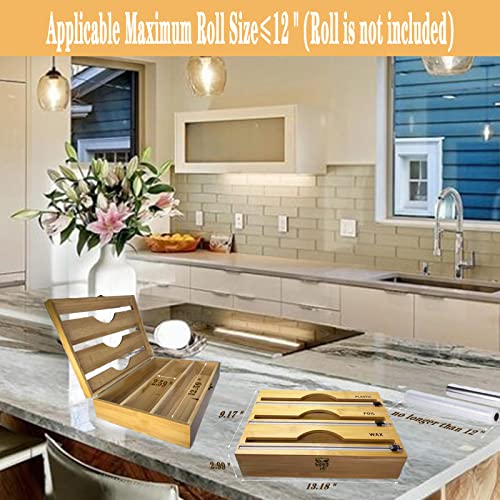 Foil and Plastic Wrap Organizer-3 in 1 Bamboo Plastic Wrap Dispenser with Slide Cutter and Labels Aluminum Foil Wax Paper Parchment Holder for Kitchen Drawer and Wall Mount,Compatible with 12" Roll