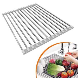 roll up dish drying rack, 17 inch stainless steel in sink dish drying rack, multipurpose foldable kitchen sink rack mat for dishes, cups, fruits vegetables, multi-use drying, draining