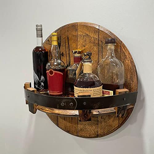 Bourbon Whiskey Barrel Shelf, Hand Crafted Wooden Wine Rack Wall Mounted, Vintage Round Wine Shelf Storage Rack for Kitchen, Bar, Wine Cellar (A)