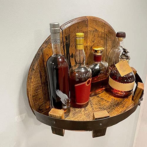 Bourbon Whiskey Barrel Shelf, Hand Crafted Wooden Wine Rack Wall Mounted, Vintage Round Wine Shelf Storage Rack for Kitchen, Bar, Wine Cellar (A)