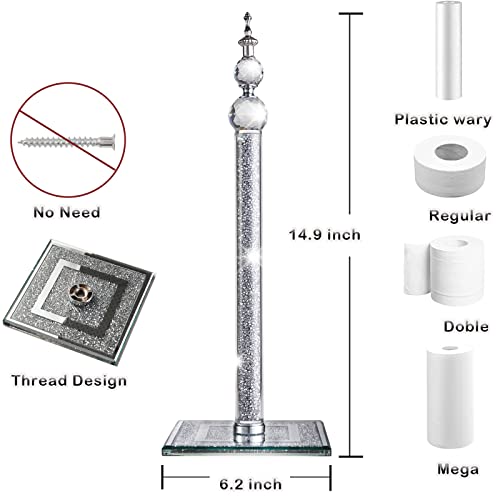 Handmade Silver Paper Towel Roll Holder,Crystal Crushed Diamonds Paper Towel Roll Decorative with Base Freestanding Holder for Kitchen Bathroom Towel Tissue Roll Countertop(13.5 inch Height)