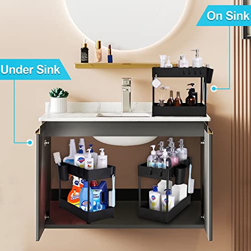 Spurtar 2 Pack Under Sink Organizers and Storage, 2 Tier Bathroom Under Cabinet Storage Multi-purpose Under Sink Storage Rack Bath Collection Baskets for Kitchen with 2 Cups and 12 Hooks, Black