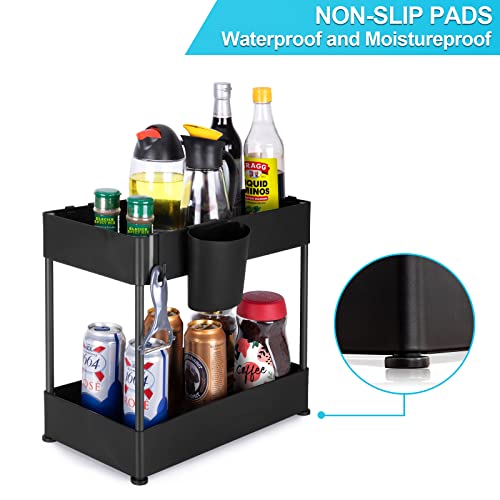 Spurtar 2 Pack Under Sink Organizers and Storage, 2 Tier Bathroom Under Cabinet Storage Multi-purpose Under Sink Storage Rack Bath Collection Baskets for Kitchen with 2 Cups and 12 Hooks, Black