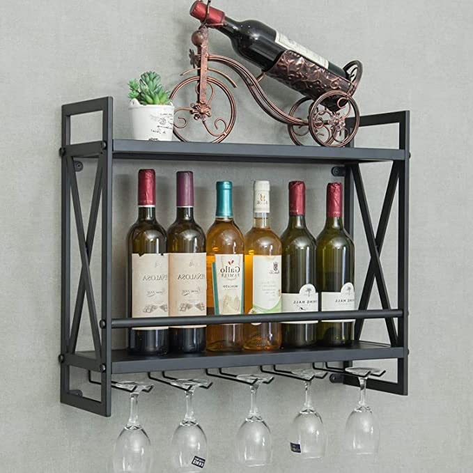 Industrial 2-Tier Wall-Mounted Wine Rack, Wood Shelf, 5 Stem Glass Holders for Wine Glasses, Wall Mount Bottle Holder Glass Rack, Wood Shelves, Metal Frame