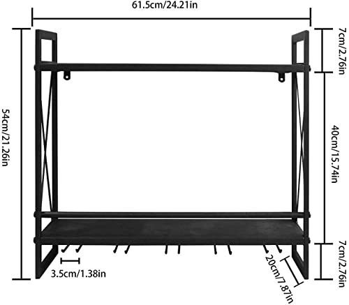 Industrial 2-Tier Wall-Mounted Wine Rack, Wood Shelf, 5 Stem Glass Holders for Wine Glasses, Wall Mount Bottle Holder Glass Rack, Wood Shelves, Metal Frame