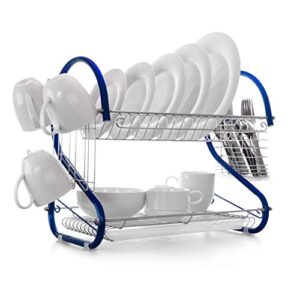 megachef iron wire contemporary dish drying rack with included hangers, utensil compartment, and drip tray, 16 inch, blue and silver chrome