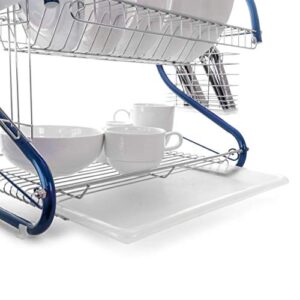 Megachef Iron Wire Contemporary Dish Drying Rack with Included Hangers, Utensil Compartment, and Drip Tray, 16 Inch, Blue and Silver Chrome