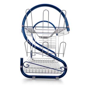 Megachef Iron Wire Contemporary Dish Drying Rack with Included Hangers, Utensil Compartment, and Drip Tray, 16 Inch, Blue and Silver Chrome