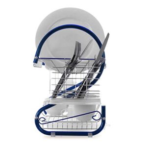 Megachef Iron Wire Contemporary Dish Drying Rack with Included Hangers, Utensil Compartment, and Drip Tray, 16 Inch, Blue and Silver Chrome