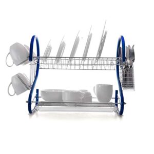 Megachef Iron Wire Contemporary Dish Drying Rack with Included Hangers, Utensil Compartment, and Drip Tray, 16 Inch, Blue and Silver Chrome