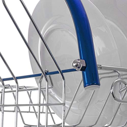 Megachef Iron Wire Contemporary Dish Drying Rack with Included Hangers, Utensil Compartment, and Drip Tray, 16 Inch, Blue and Silver Chrome