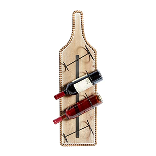 Deco 79 Wood Bottle Shaped 4 Bottle Wall Wine Rack with Beaded Frame, 9" x 5" x 32", Brown