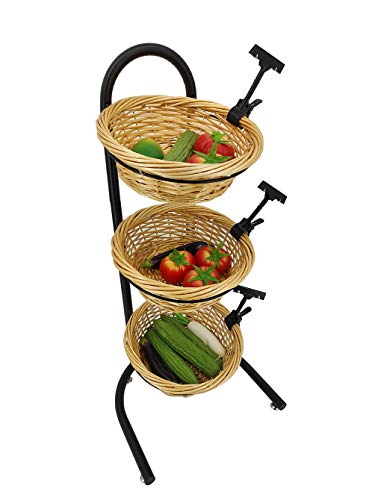 FixtureDisplays 3 Tier Wicker Basket Metal Stand with Sign Clips, Market Basket Storage Organizer 19425