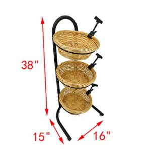 FixtureDisplays 3 Tier Wicker Basket Metal Stand with Sign Clips, Market Basket Storage Organizer 19425