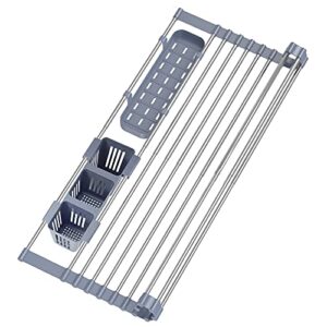 expandable roll up dish drying rack up to 22.8”with 2 storage baskets,over the sink kitchen rolling sink rack multipurpose dry rack dish drainer, foldable and rollable,for kitchen dishes,cups,fruits