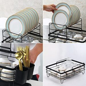 HOMQUEN 2 Layer Dish Drying Rack, Over The Sink Dish Drying Rack, Stainless Steel Dish Racks for Kitchen Counter, Kitchen Dish Drainer with Drainboard and Cup Holder (Black, 16.7''x12.4''x10.5'')