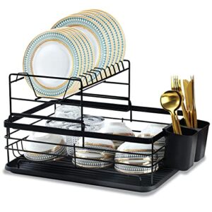 HOMQUEN 2 Layer Dish Drying Rack, Over The Sink Dish Drying Rack, Stainless Steel Dish Racks for Kitchen Counter, Kitchen Dish Drainer with Drainboard and Cup Holder (Black, 16.7''x12.4''x10.5'')