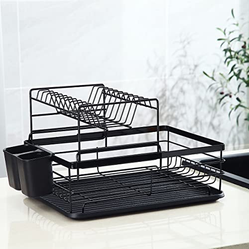 HOMQUEN 2 Layer Dish Drying Rack, Over The Sink Dish Drying Rack, Stainless Steel Dish Racks for Kitchen Counter, Kitchen Dish Drainer with Drainboard and Cup Holder (Black, 16.7''x12.4''x10.5'')