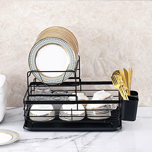 HOMQUEN 2 Layer Dish Drying Rack, Over The Sink Dish Drying Rack, Stainless Steel Dish Racks for Kitchen Counter, Kitchen Dish Drainer with Drainboard and Cup Holder (Black, 16.7''x12.4''x10.5'')