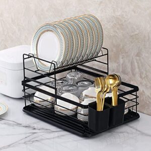 HOMQUEN 2 Layer Dish Drying Rack, Over The Sink Dish Drying Rack, Stainless Steel Dish Racks for Kitchen Counter, Kitchen Dish Drainer with Drainboard and Cup Holder (Black, 16.7''x12.4''x10.5'')