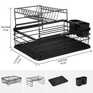 HOMQUEN 2 Layer Dish Drying Rack, Over The Sink Dish Drying Rack, Stainless Steel Dish Racks for Kitchen Counter, Kitchen Dish Drainer with Drainboard and Cup Holder (Black, 16.7''x12.4''x10.5'')