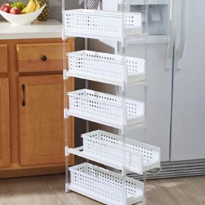 Slim Kitchen Storage with Five Slide-Out Drawers for Pantries, Gaps, Bathrooms