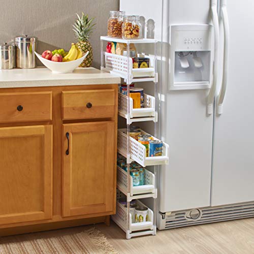 Slim Kitchen Storage with Five Slide-Out Drawers for Pantries, Gaps, Bathrooms