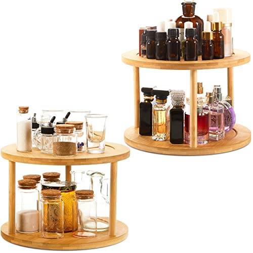 2 Pcs 2 Tier Bamboo Lazy Susan Turntable for Cabinet 360 Degree Spinning Spice Rack Organizer for Cabinet Round Tiered Lazy Susan Organizer Rotating Tray for Kitchen Bathroom Table Storage, 10 Inch