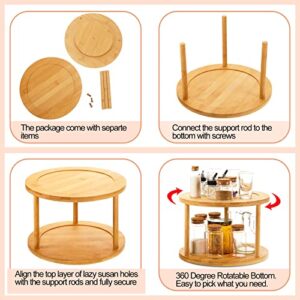 2 Pcs 2 Tier Bamboo Lazy Susan Turntable for Cabinet 360 Degree Spinning Spice Rack Organizer for Cabinet Round Tiered Lazy Susan Organizer Rotating Tray for Kitchen Bathroom Table Storage, 10 Inch